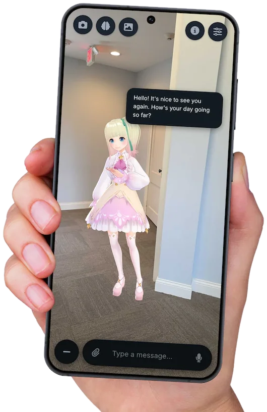 カメラ越しに実際の廊下に立つVRMコンパニオンを映したスマートフォン