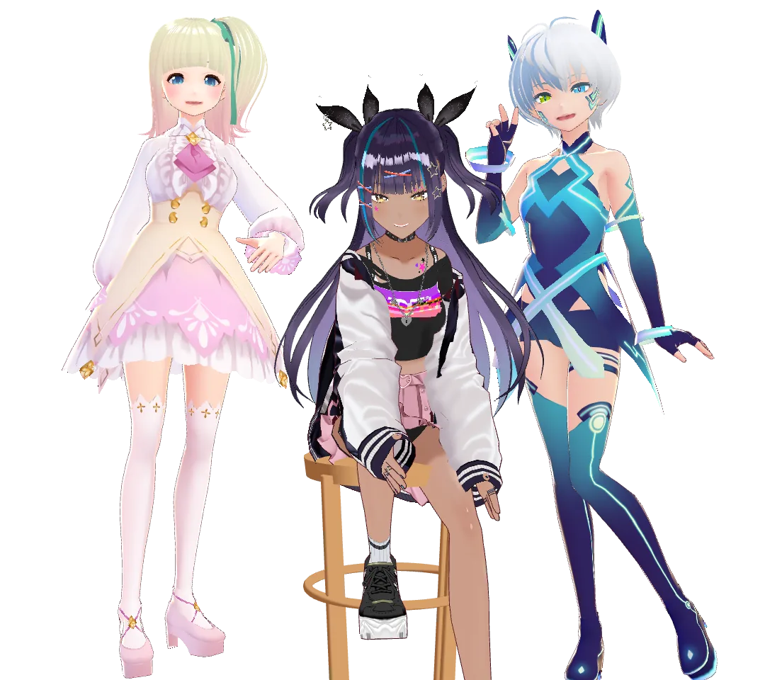 スツールのまわりでポーズをとる3人の3D VRMコンパニオン、Momo、Tsuki、Yuki